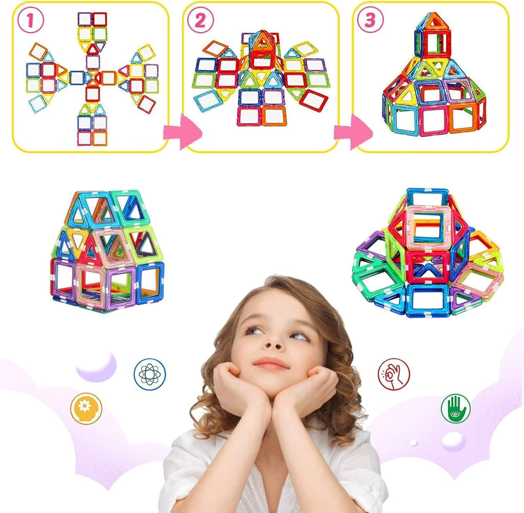 52 PCS Magnetic Building Blocks for Kids, Construction Educational Toy, Colourful Magnetic Tiles Set for STEM Learning, Creative Play for Toddlers & Children