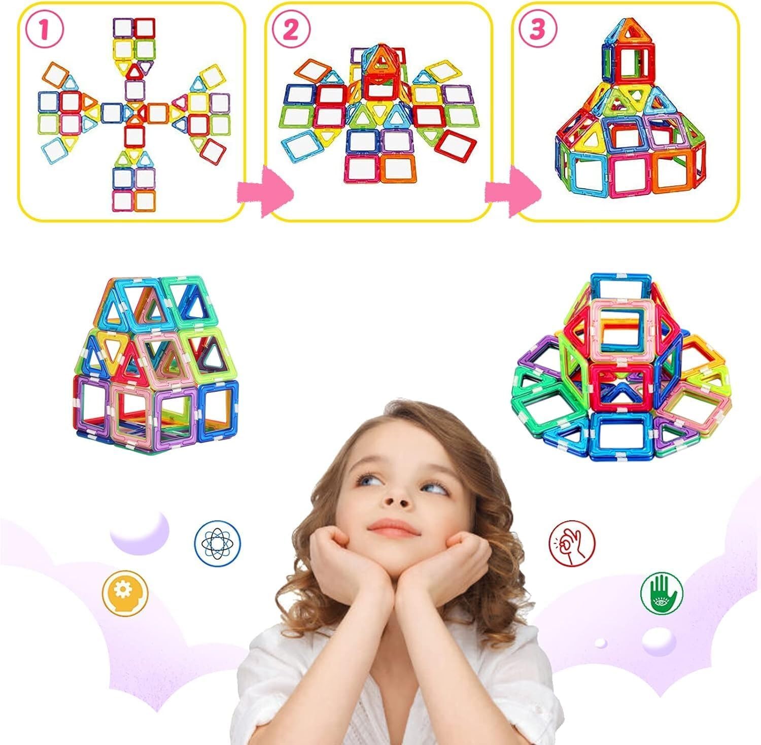 52 PCS Magnetic Building Blocks for Kids, Construction Educational Toy, Colourful Magnetic Tiles Set for STEM Learning, Creative Play for Toddlers & Children