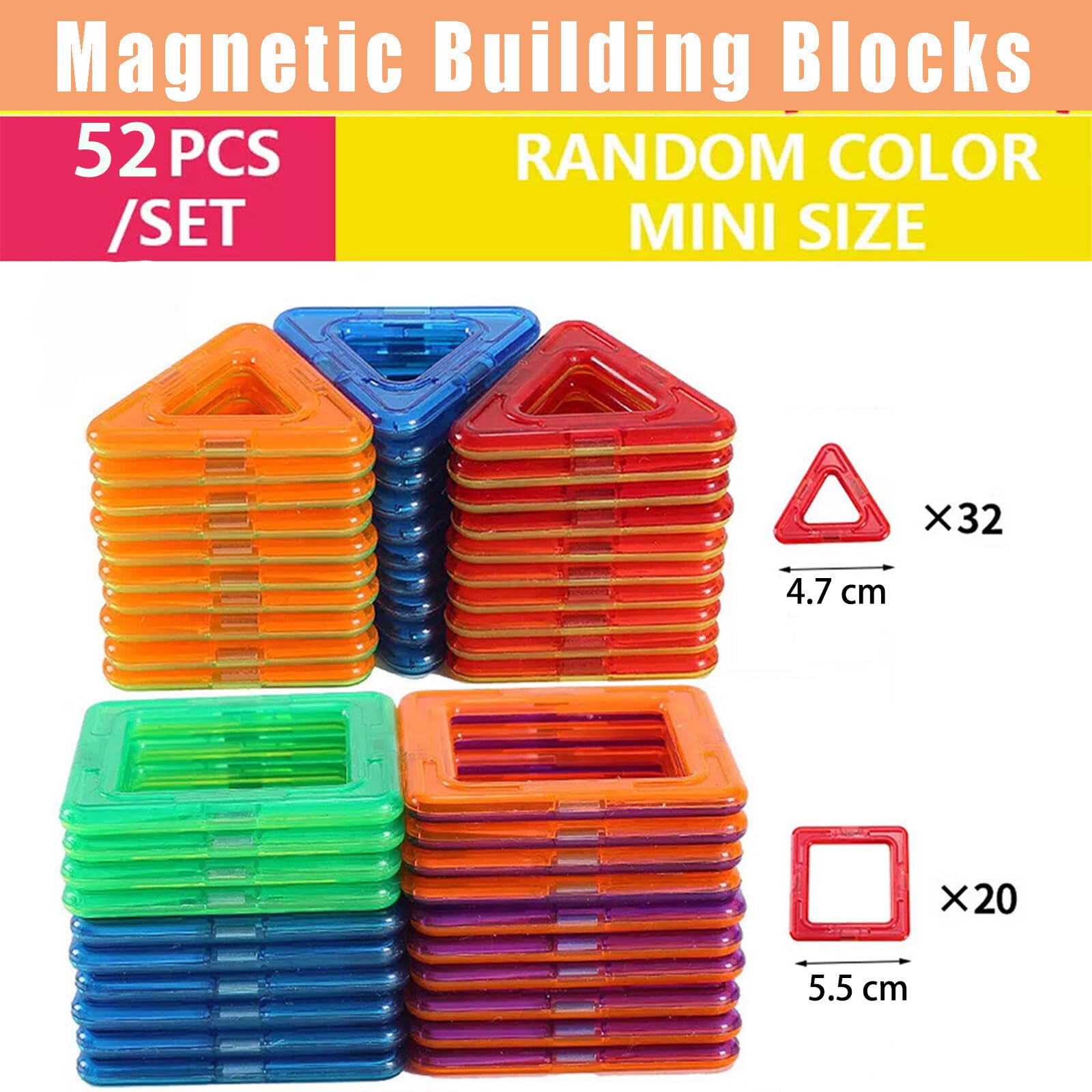 52 PCS Magnetic Building Blocks for Kids, Construction Educational Toy, Colourful Magnetic Tiles Set for STEM Learning, Creative Play for Toddlers & Children