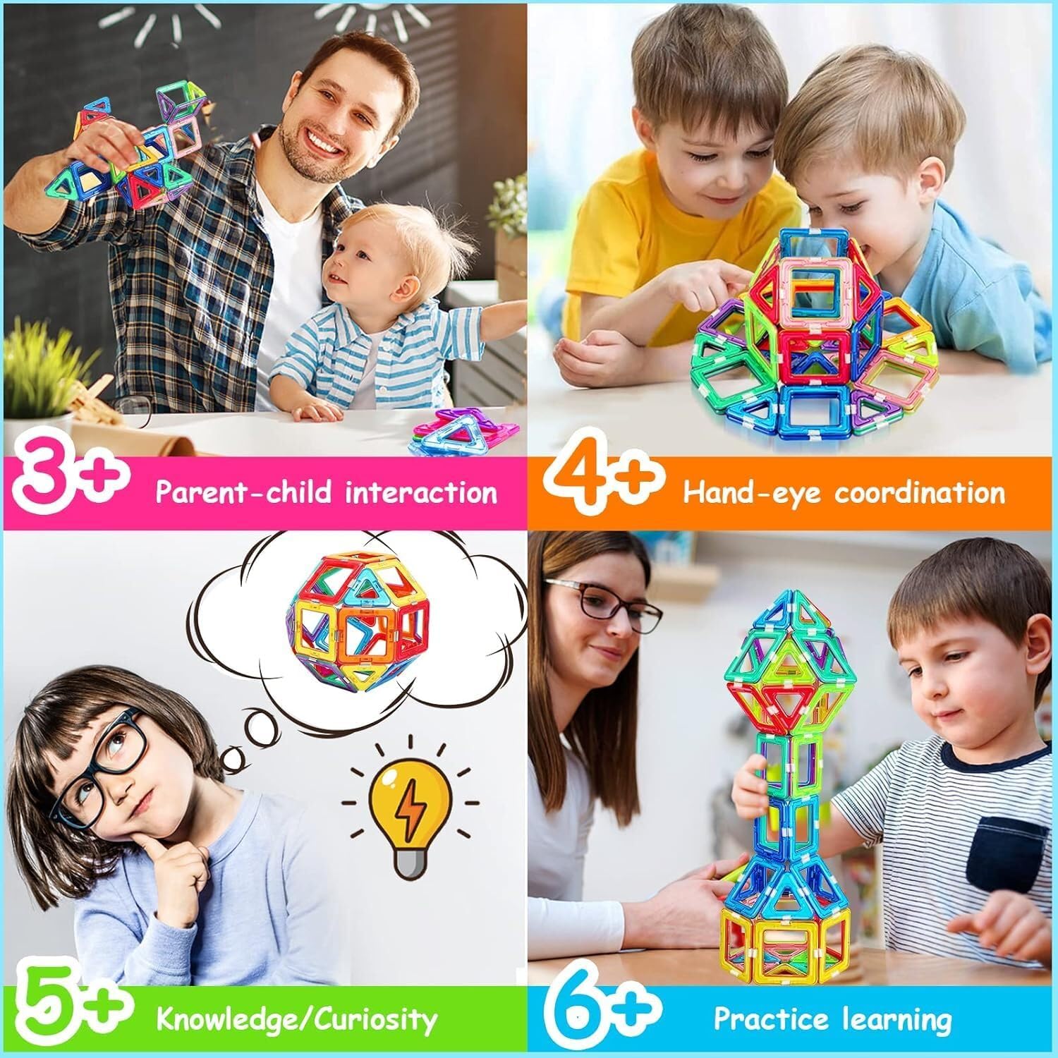 52 PCS Magnetic Building Blocks for Kids, Construction Educational Toy, Colourful Magnetic Tiles Set for STEM Learning, Creative Play for Toddlers & Children
