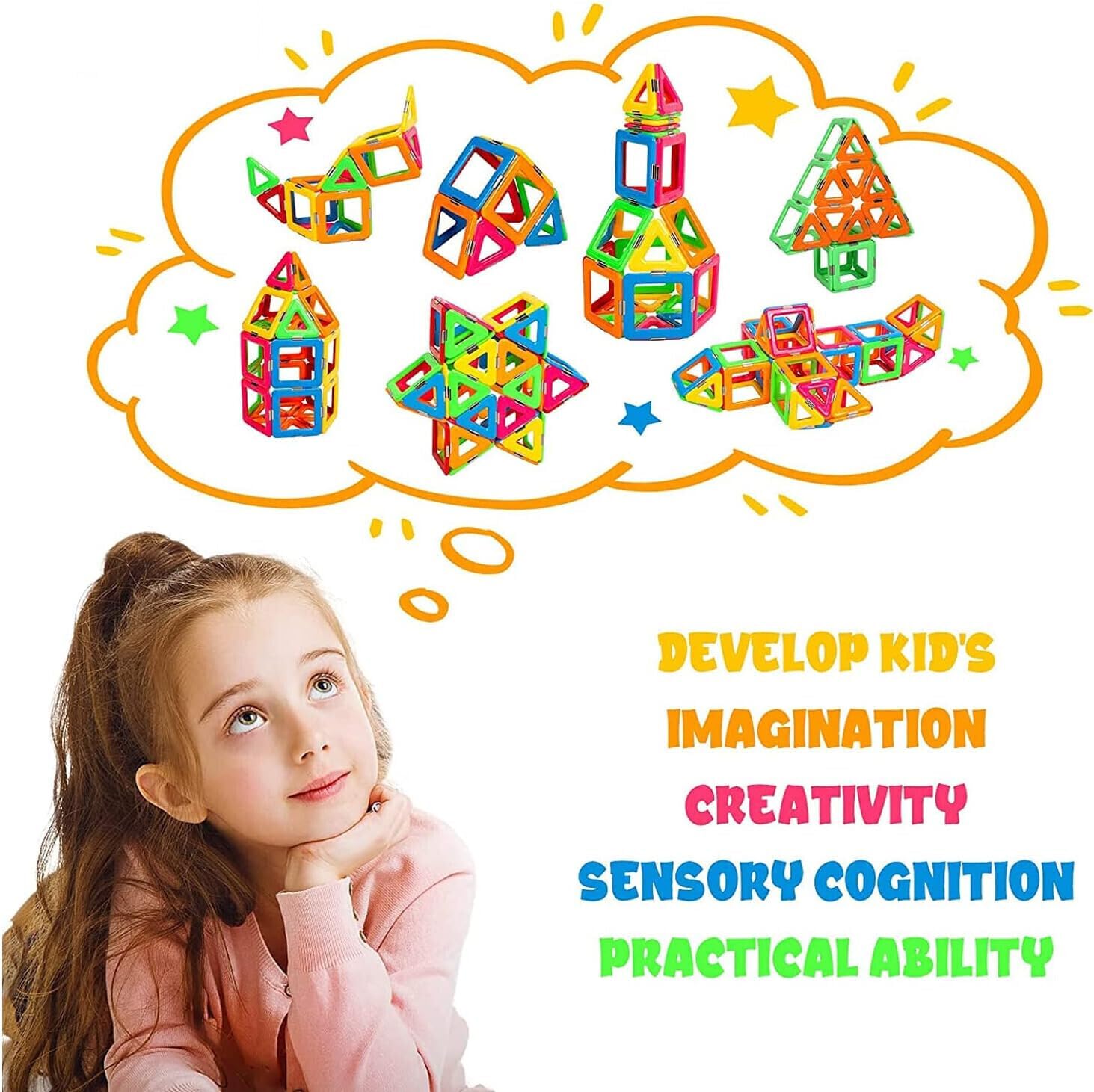 52 PCS Magnetic Building Blocks for Kids, Construction Educational Toy, Colourful Magnetic Tiles Set for STEM Learning, Creative Play for Toddlers & Children